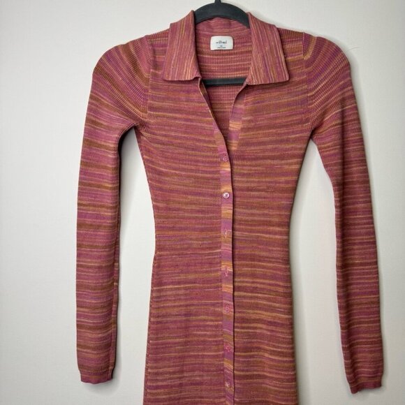 Aritzia Wilfred XS Stripe Ribbed Stretchy Knit Button Down 90s Midi Dress - Picture 4 of 14